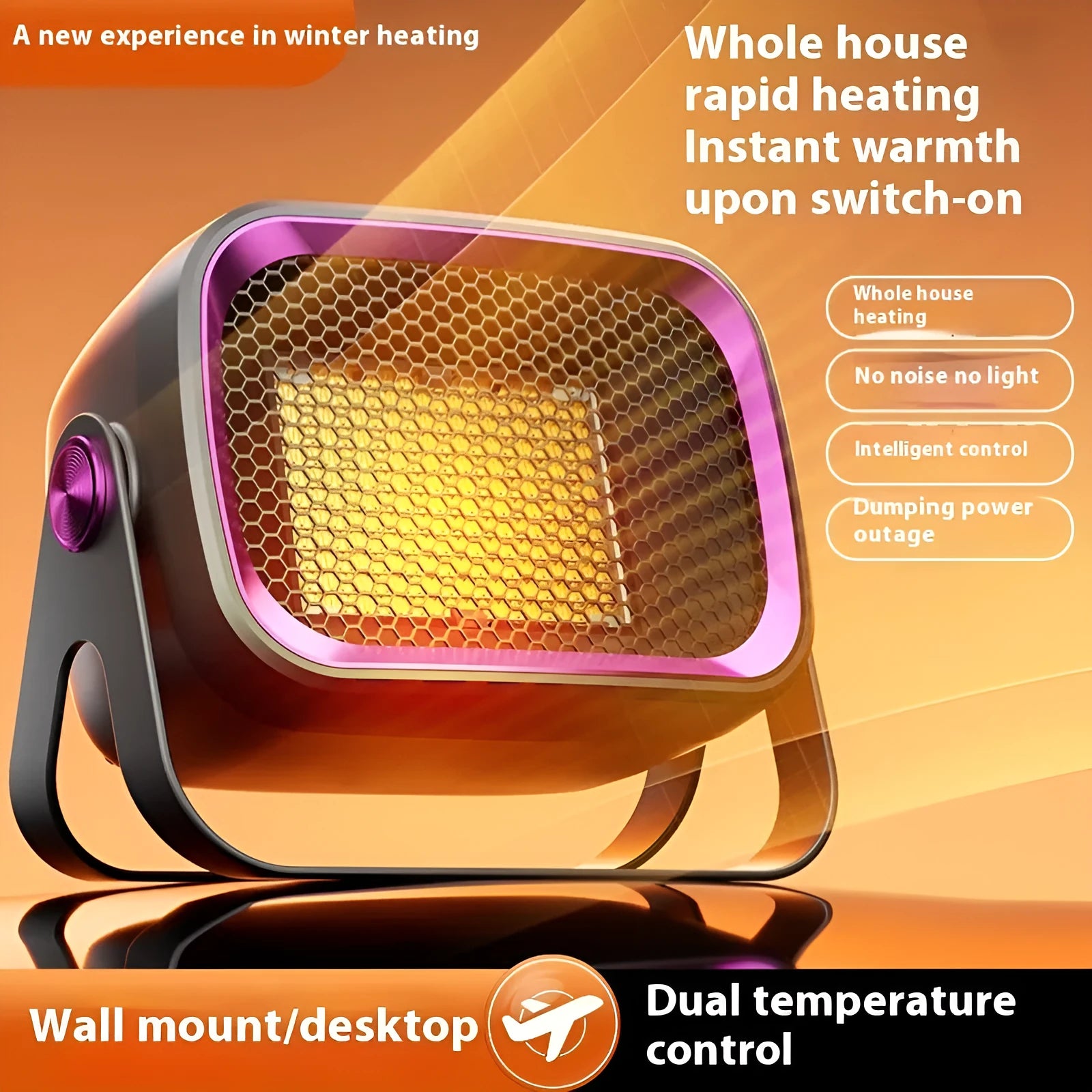Compact white PTC ceramic desktop heater with oscillation function and push-button controls.
