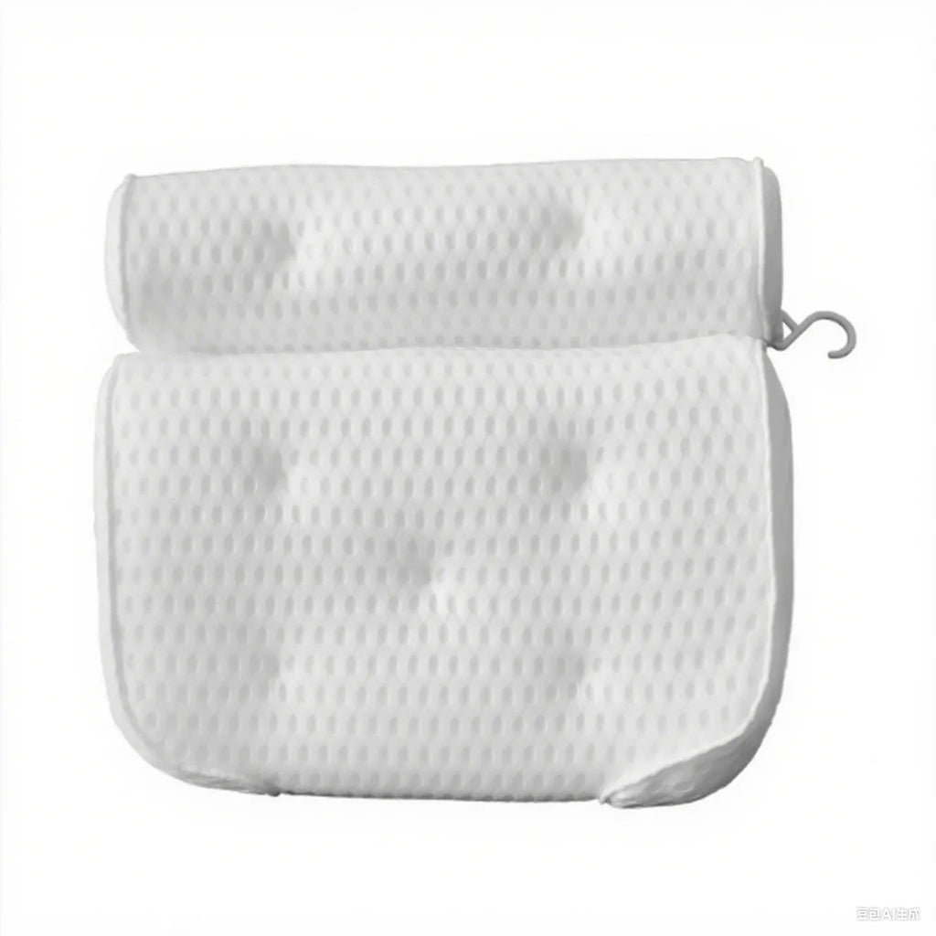 White bathtub pillow with 7 suction cups on a breathable 3d mesh material.