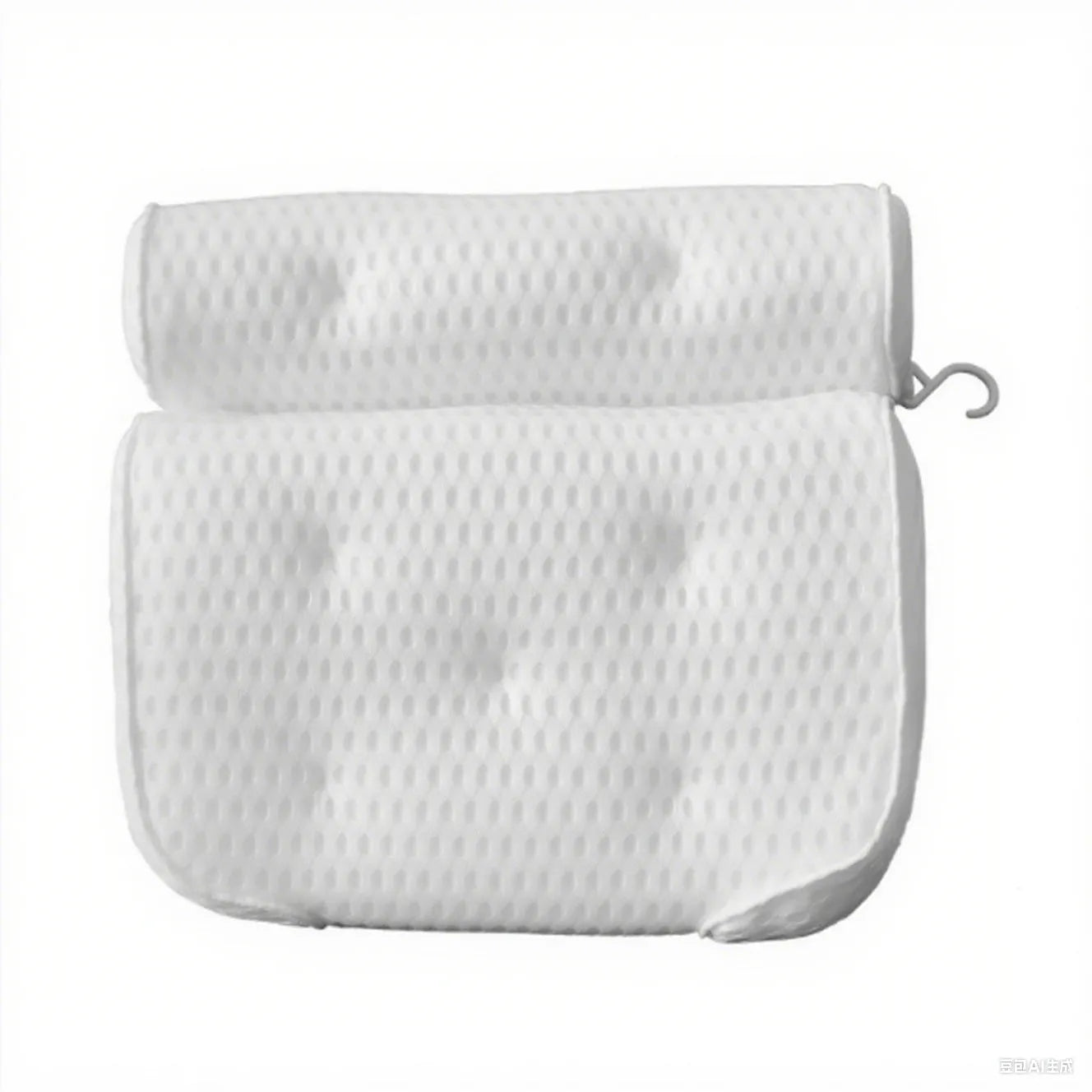 White bathtub pillow with 7 suction cups on a breathable 3d mesh material.