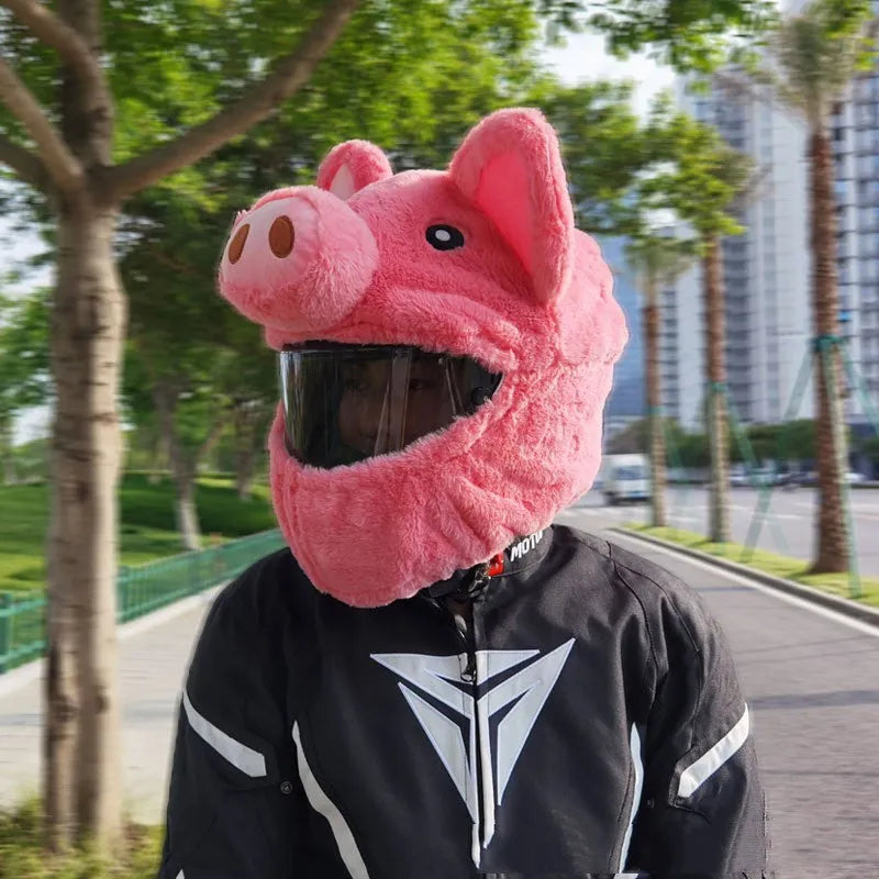 Pink pig cartoon design plush protective hood for motorcycle helmets with storage sleeve
