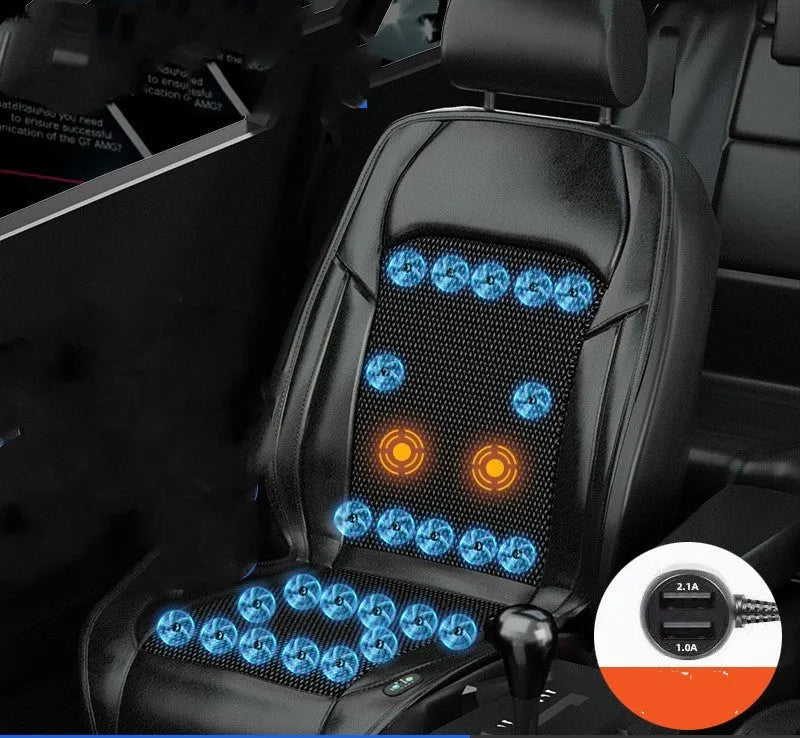 Black ventilated car seat cushion with multiple cooling fans, plugged into a 12V car socket.