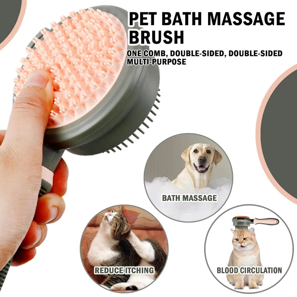 Double-sided reversible cat brush with flea comb in green or pink colour options