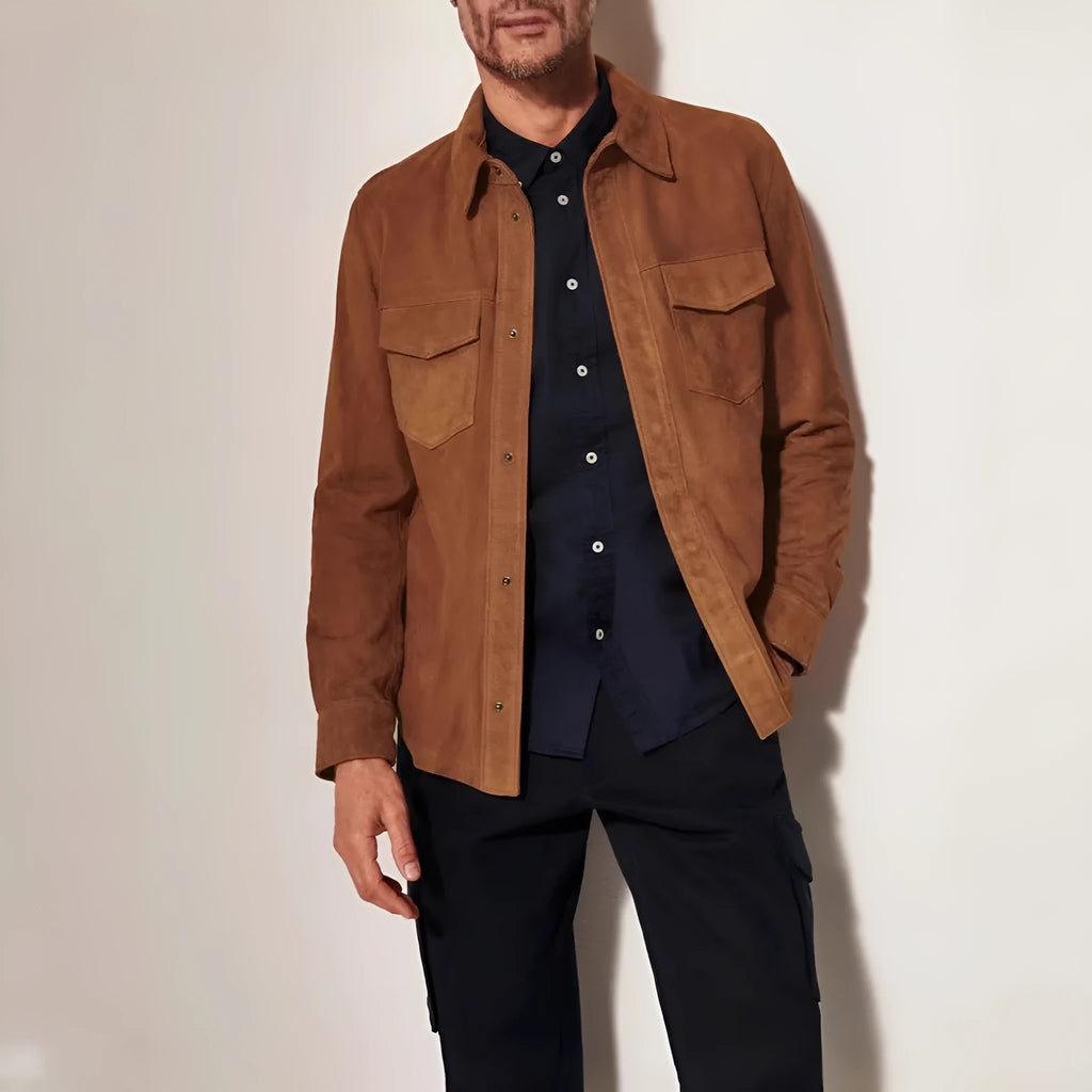 Noah suede shirt jacket for men in brown, front view, polyester fibre regular length