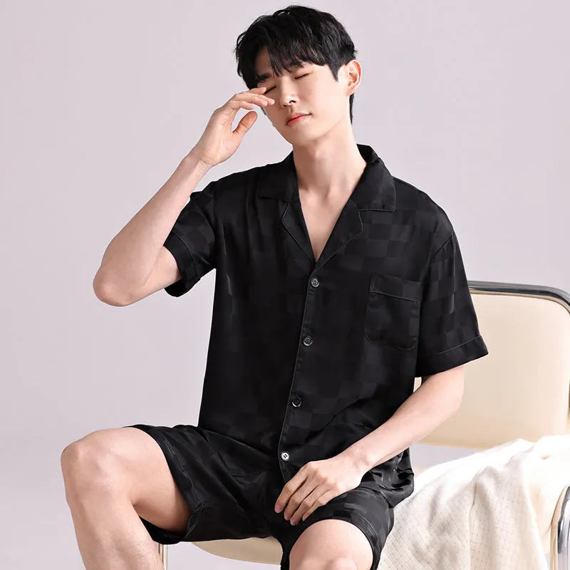 Men's ice silk cardigan and shorts pyjama set with satin jacquard pattern options