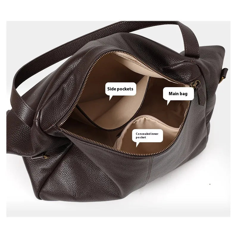 Brown genuine leather women's shoulder bag with a structured square shape and a top handle.
