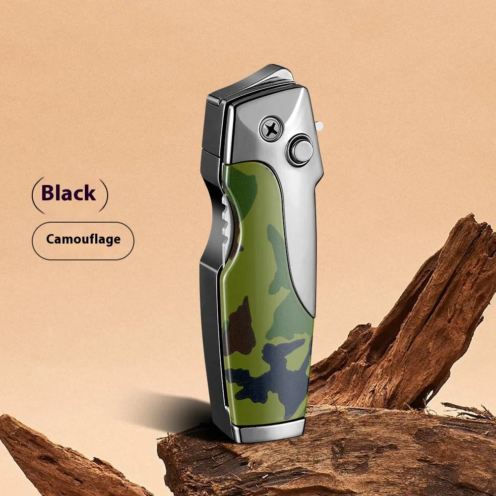 Zinc alloy folding knife and jet lighter multi-tool in black with wood grain finish, showing closed position.