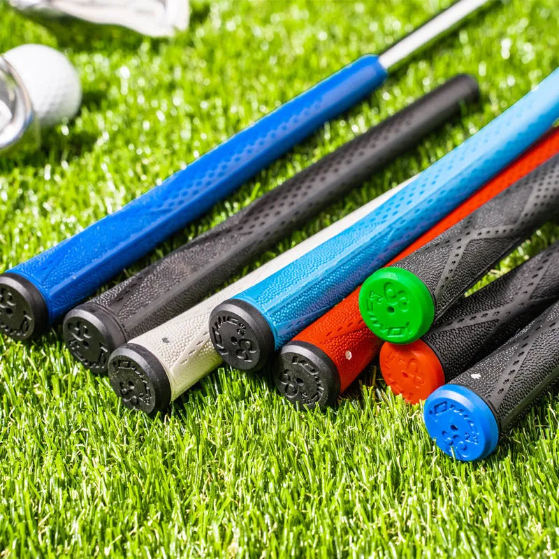 TPE golf club replacement grip shown in assorted colours including pink, red, blue, white, and black with coloured heads.