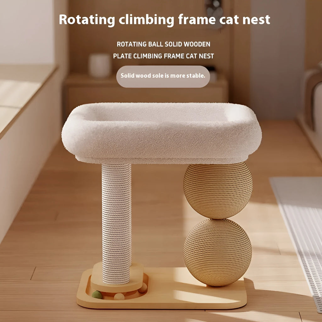 A solid pine wood cat nest with a grasping ball, shown in three style variants.