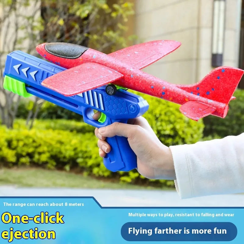 Children's plastic light-up catapult plane launch gun toy with 24cm glow aircraft in blue
