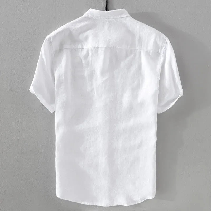Men's loose fit short sleeve linen shirt in a cotton and linen blend, shown in apricot colour.