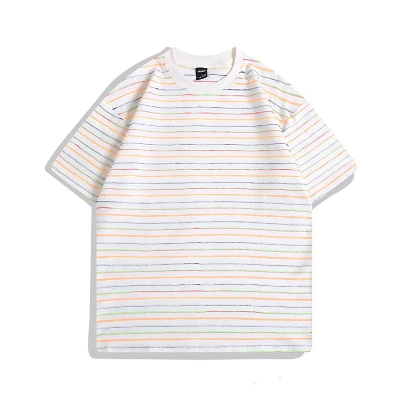 Loose fit round neck cotton t-shirt in apricot colour with half sleeves on a hanger.