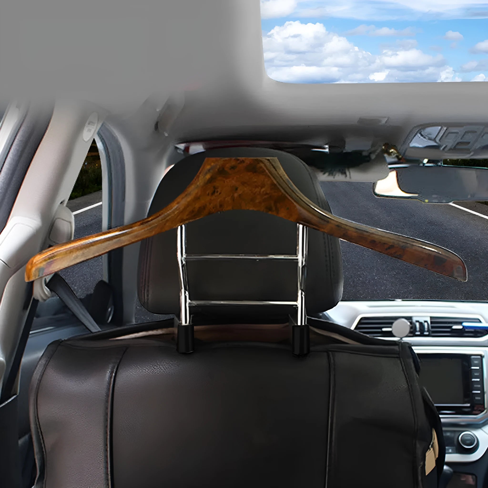 Wood yellow stainless steel car clothes hanger measuring 46.5cm wide on car seat