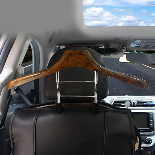 Wood yellow stainless steel car clothes hanger measuring 46.5cm wide on car seat