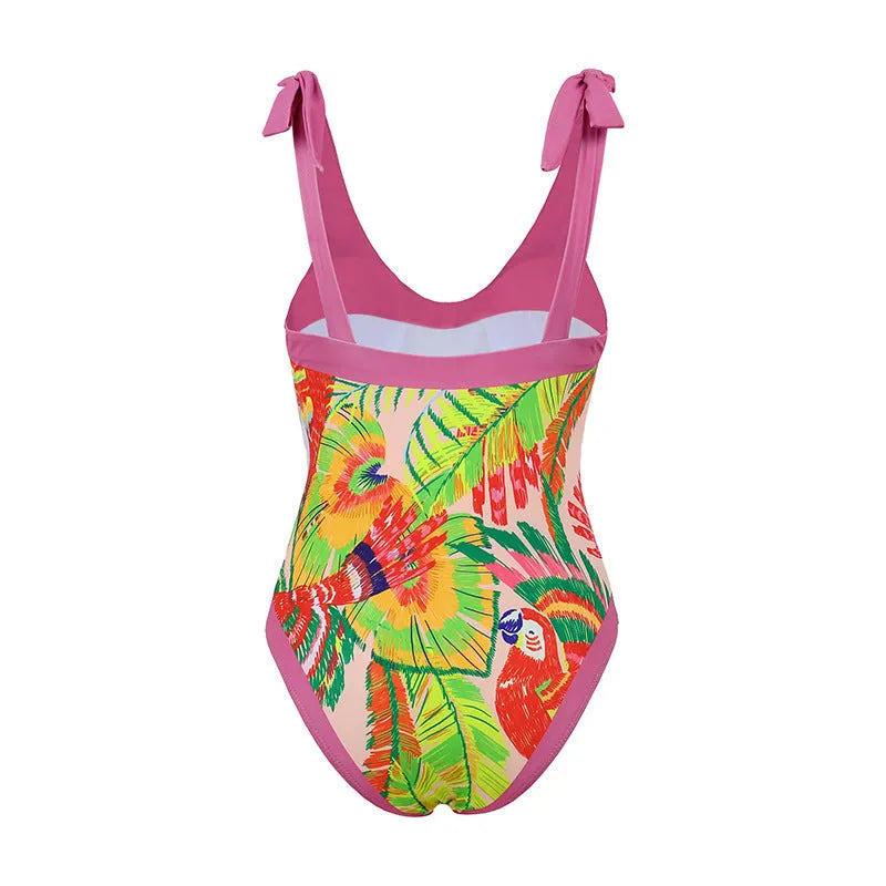 Women's pink floral print retro one-piece swimsuit with V-neck and matching skirt