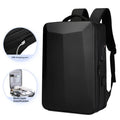 Black and silver white waterproof ABS PC business backpack with curved straps, shown with a laptop.