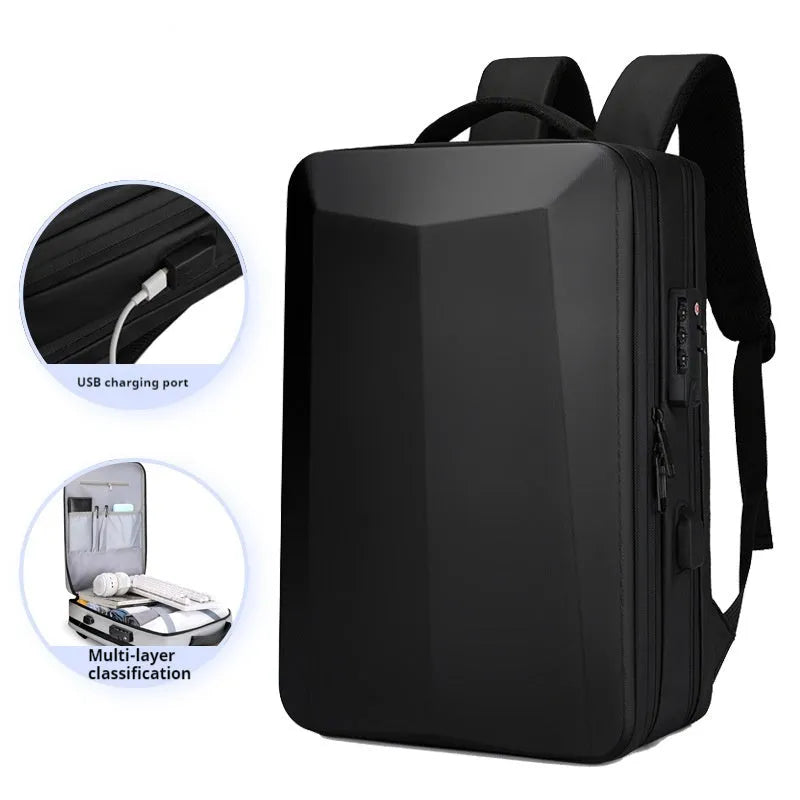 Black and silver white waterproof ABS PC business backpack with curved straps, shown with a laptop.
