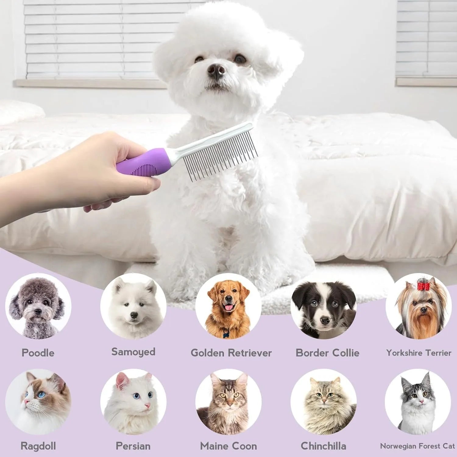 Purple pet detangling comb with stainless steel teeth and ergonomic handle for dog and cat grooming