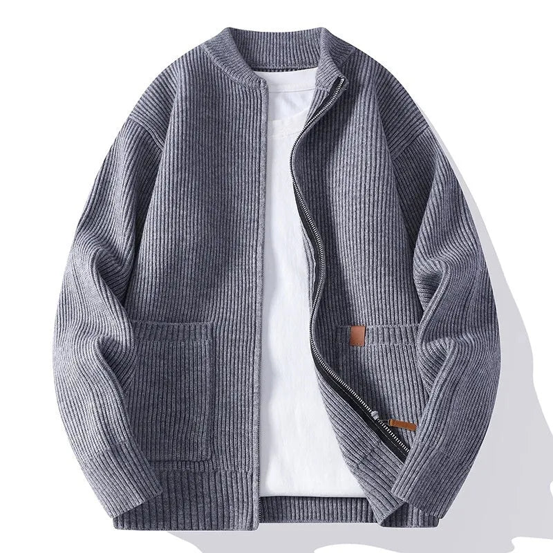 Men's beige striped straight fit cardigan jacket on a hanger