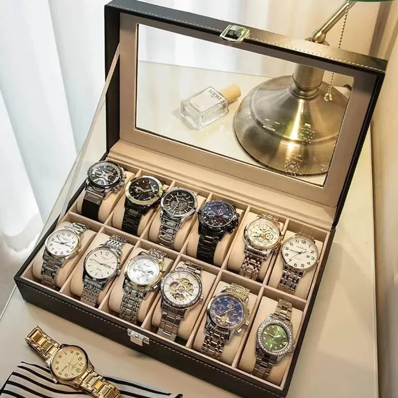 Grey high-grade leather watch storage box with clear dustproof lid showing multiple watch slots inside.