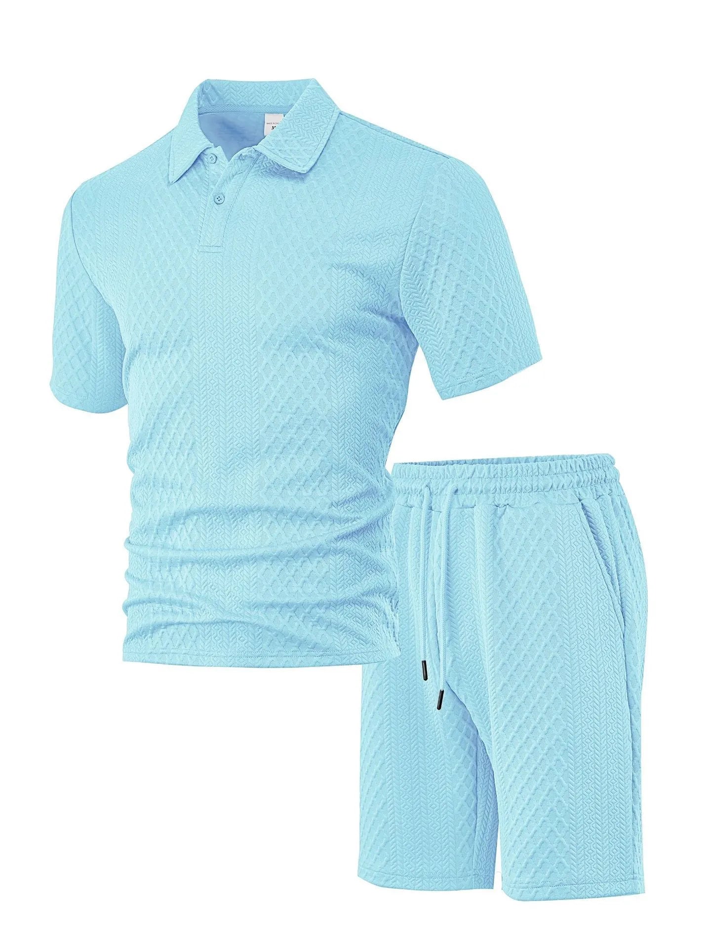 Men's patterned cloth casual suit set featuring a short sleeve polo shirt and trousers on a hanger.