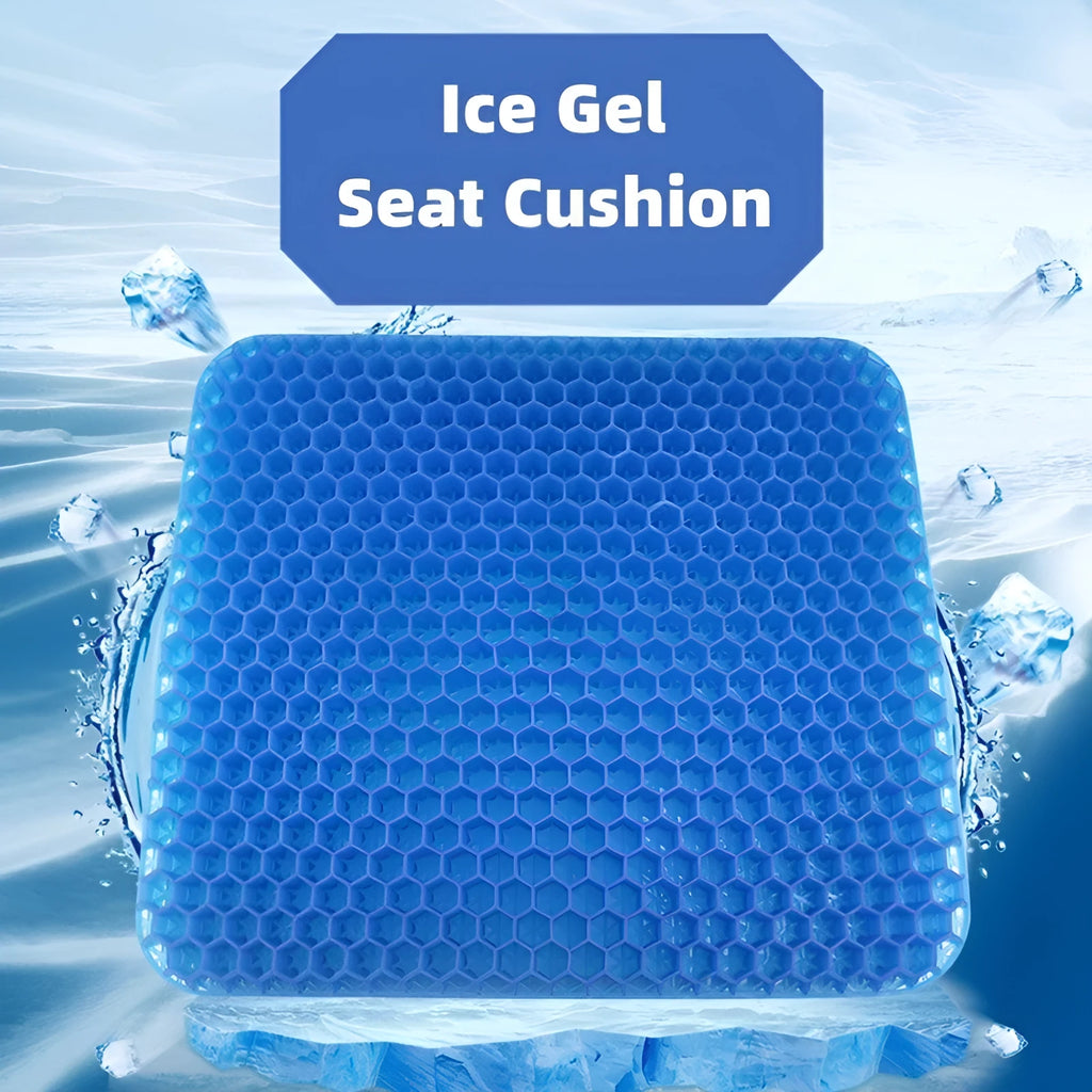 Square breathable honeycomb gel seat cushion with removable PVC cover on a chair.