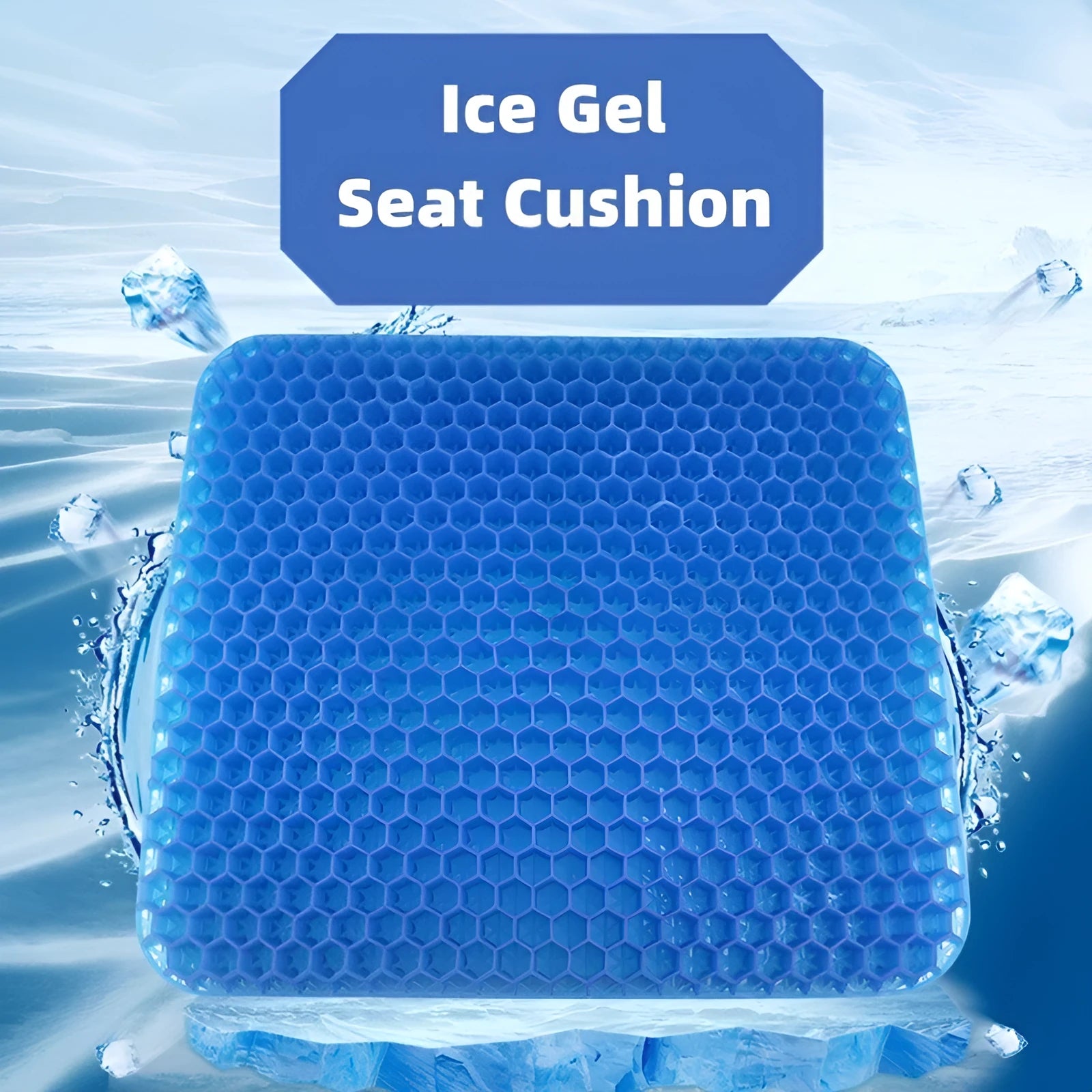 Square breathable honeycomb gel seat cushion with removable PVC cover on a chair.