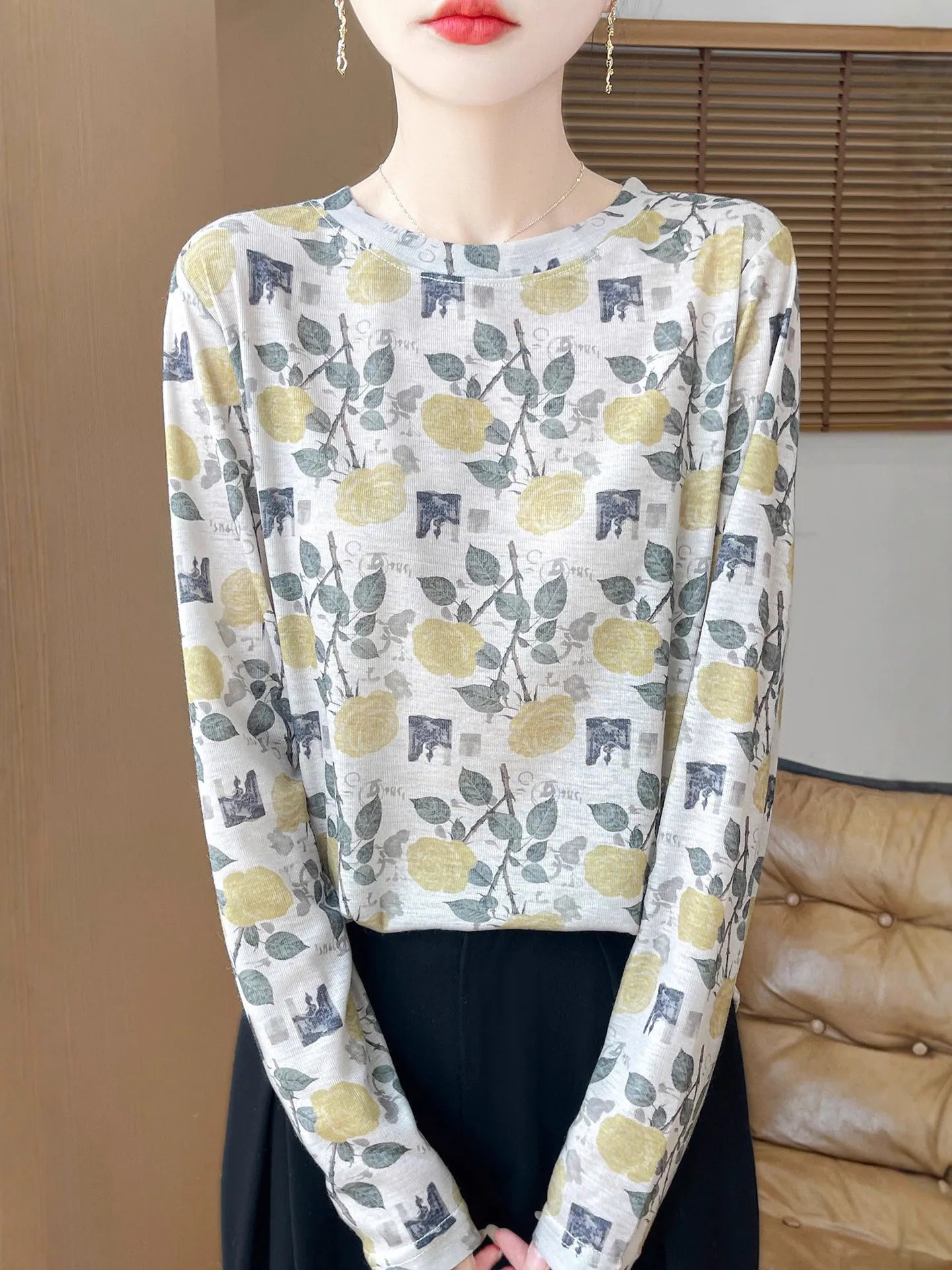 Women's round neck Tencel cotton pullover shirt with floral print, shown in a basic style with regular sleeves.