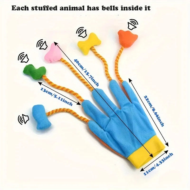 Yellow and blue plush glove cat toy with bell and squeaker inside for interactive play