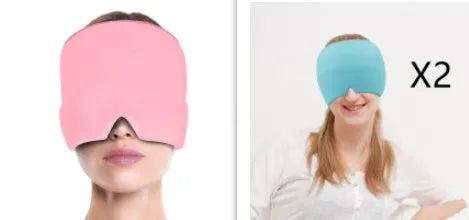 Cold therapy gel eye mask for headache relief in black colour on forehead