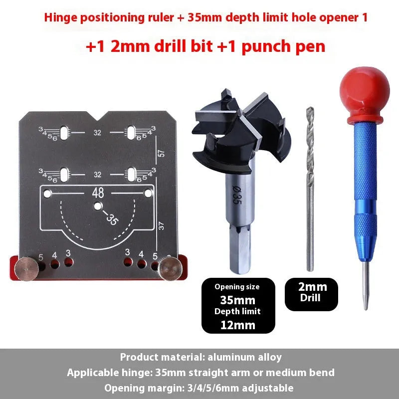 Aluminium alloy 35mm hinge locator tool with adjustable margin settings for cabinet installation.