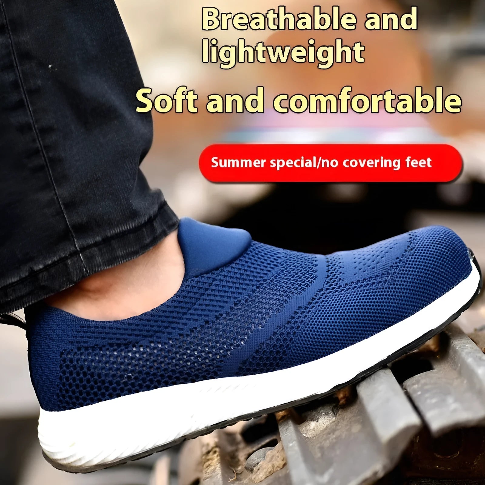 Men's lightweight black steel toe work safety shoes with mesh upper and anti-puncture sole