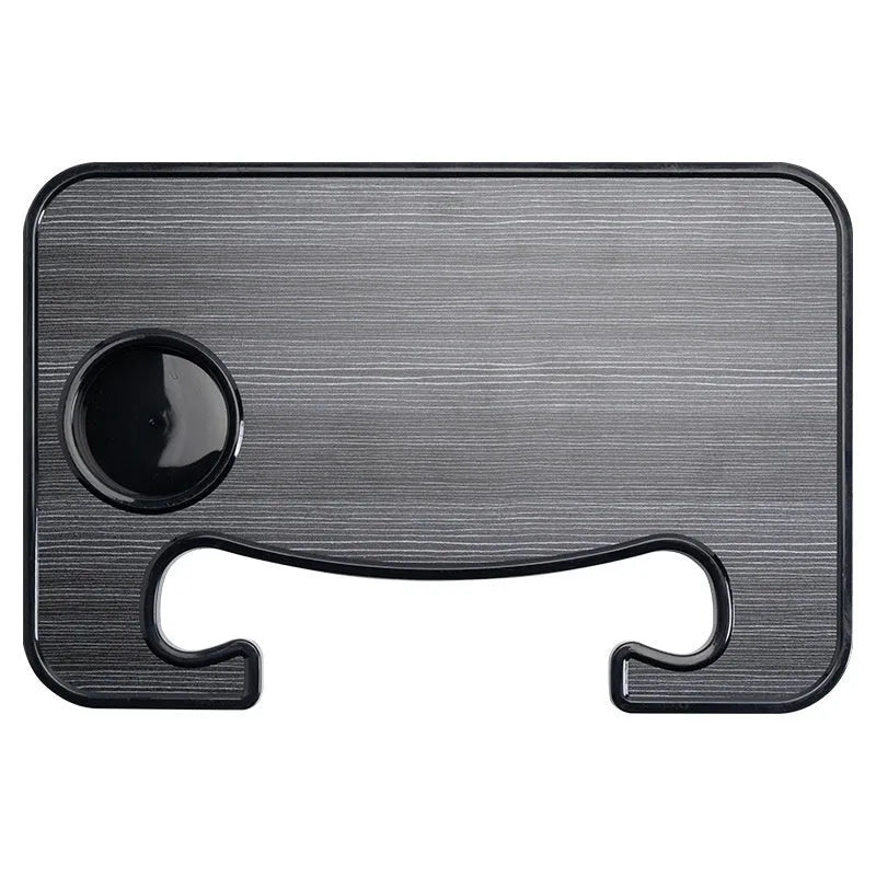 Black car steering wheel laptop stand tray with a foldable drink cup holder deployed.
