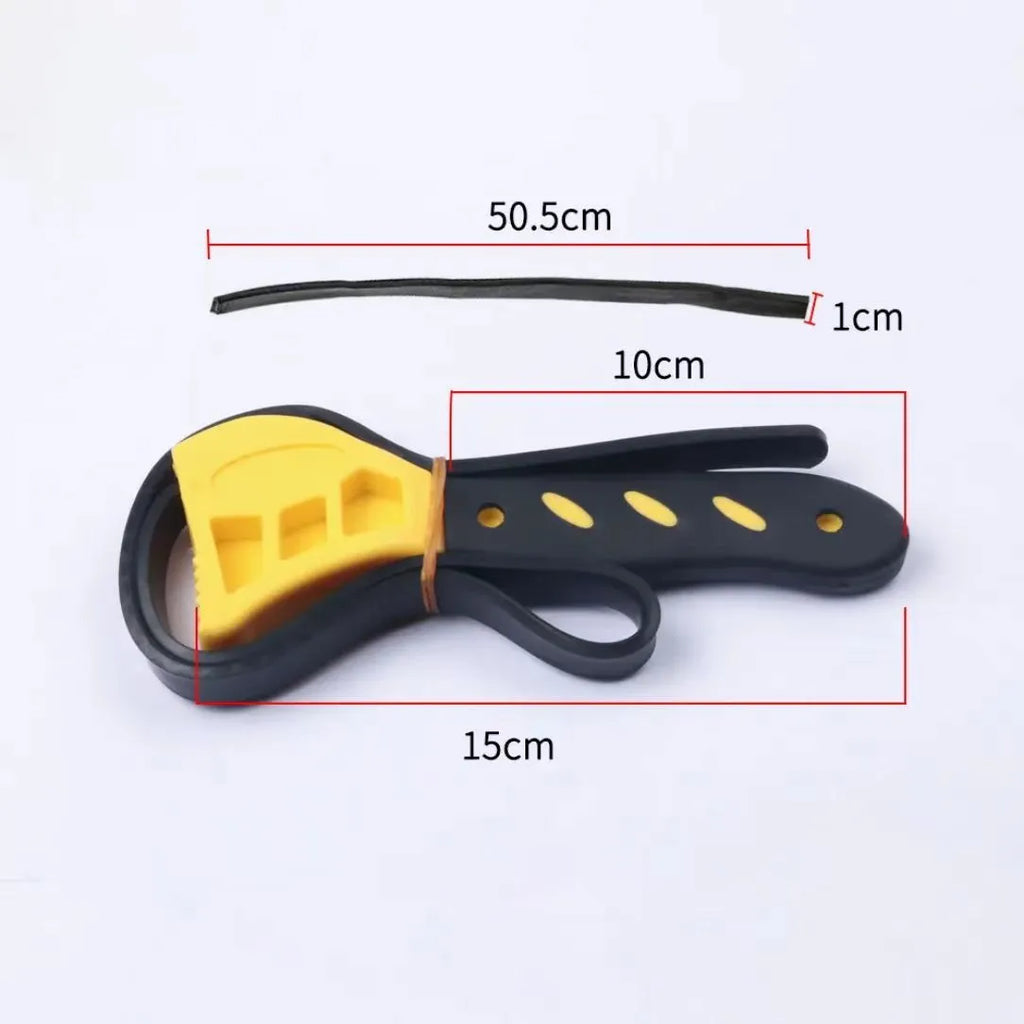 A 6-inch and an 8-inch adjustable rubber strap wrench with a phosphated metal handle.