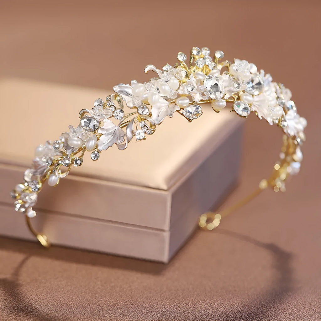 Alloy pearl crown headdress for women with gold electroplated finish and European styling
