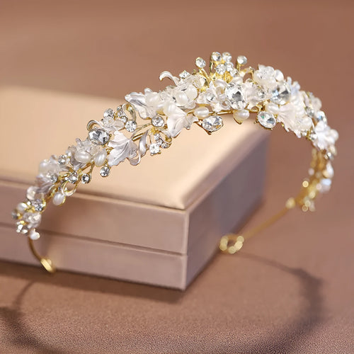 Alloy pearl crown headdress for women with gold electroplated finish and European styling