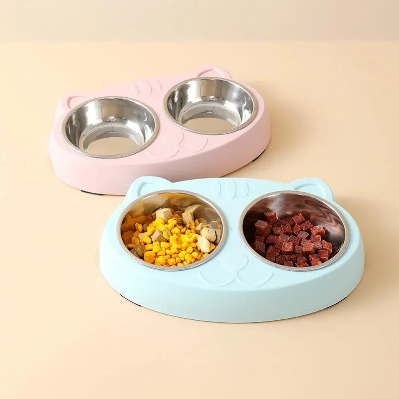 Blue macaron-shaped plastic pet feeding tray with two bowls for cat or dog food and water.