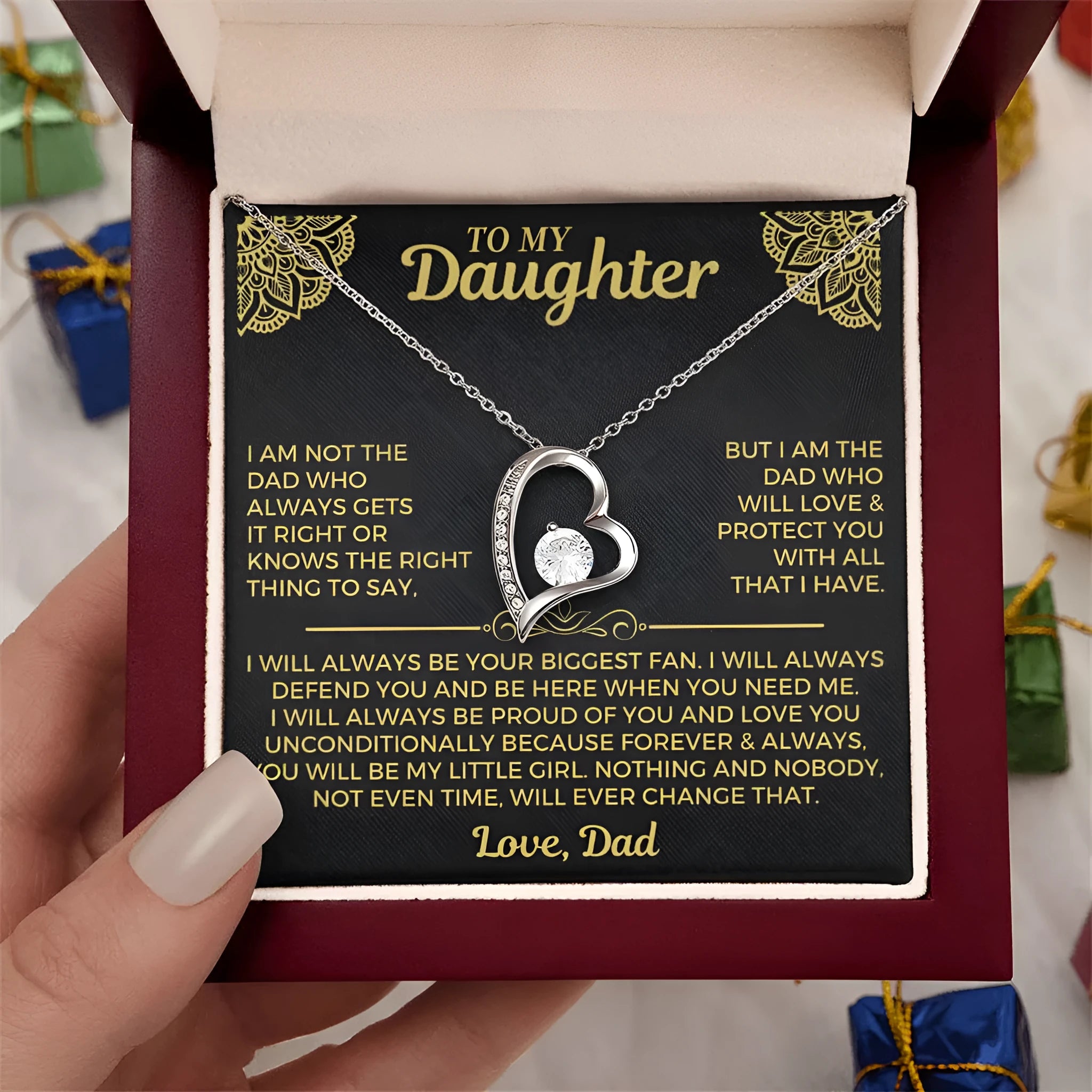 Hollow heart-shaped necklace in silver or gold finish with gift box presentation options