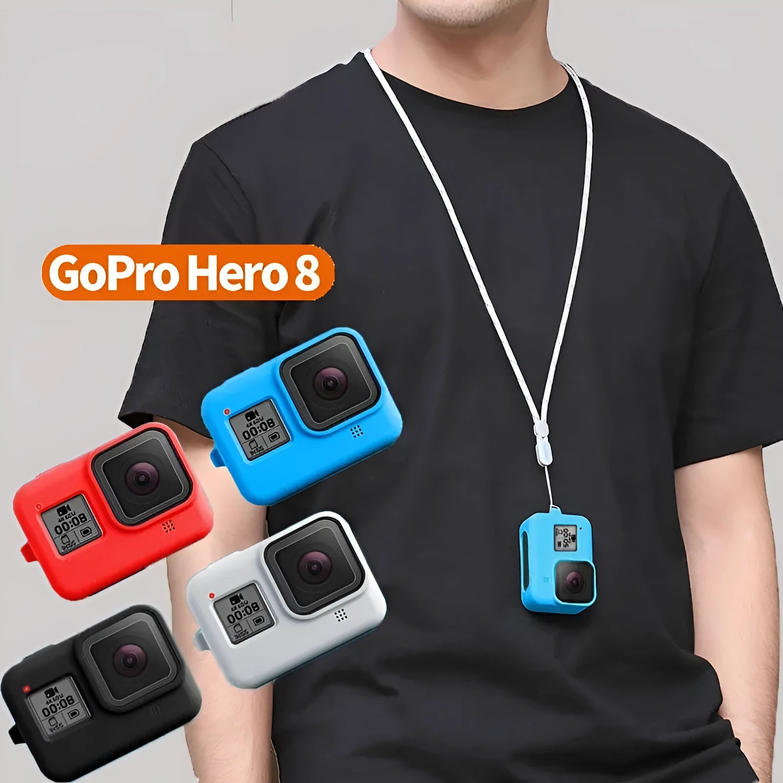 GoPro Hero8 Black silicone protective sleeve and anti-lost carrying strap accessory set in multiple colour options