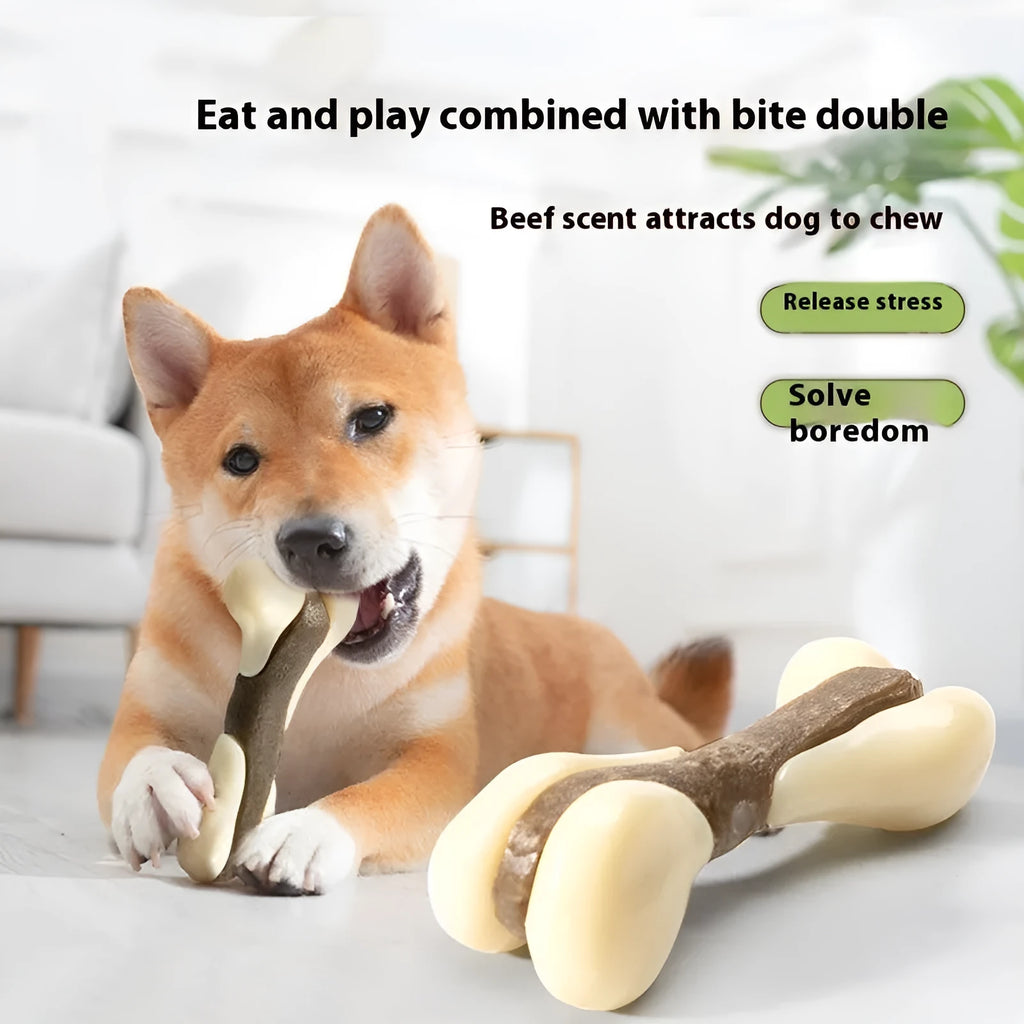 Dog chew toy bone grinding rod in small and large sizes with cowhide and nylon construction