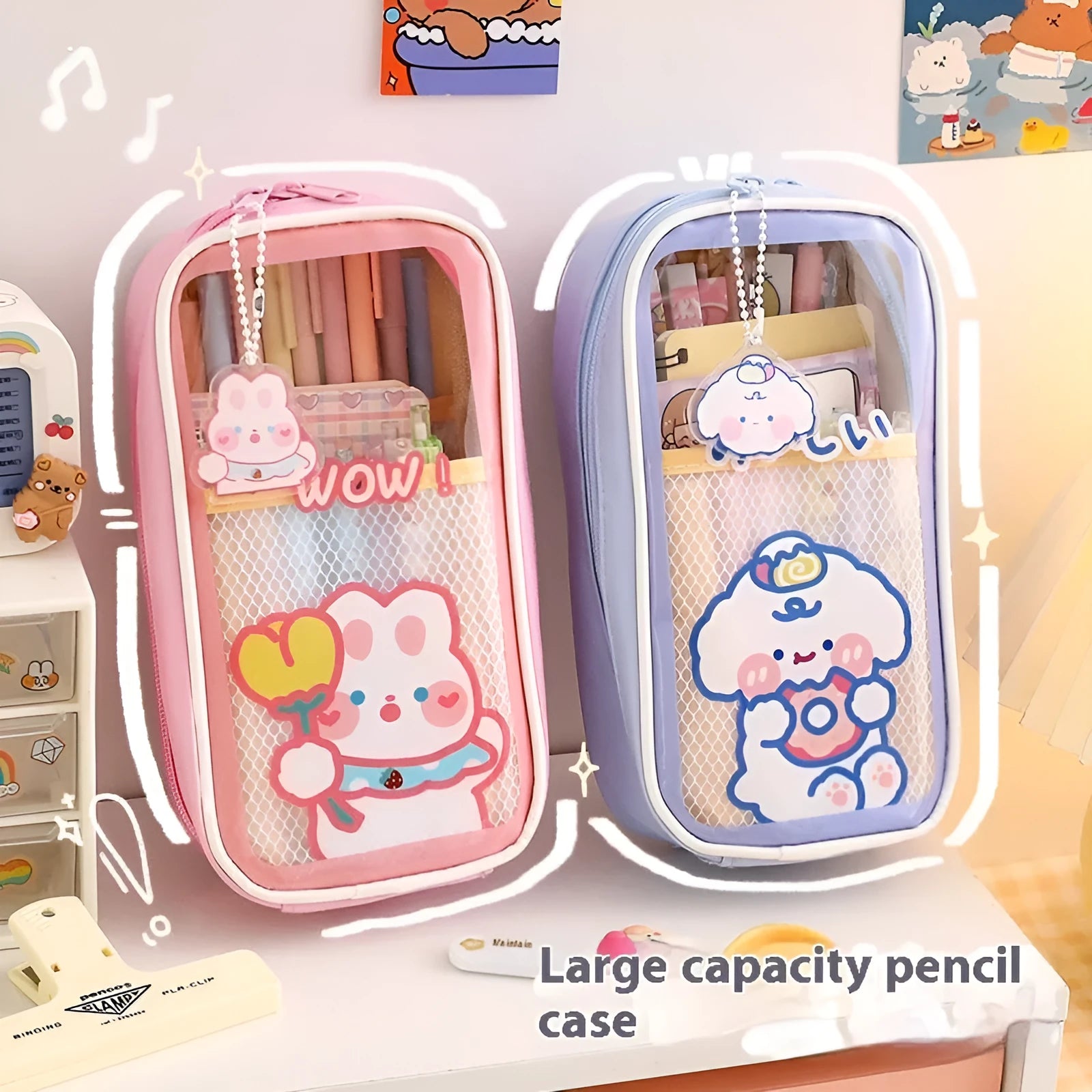 Large transparent PVC pencil case with cartoon bear, rabbit, and dog designs for student stationery.