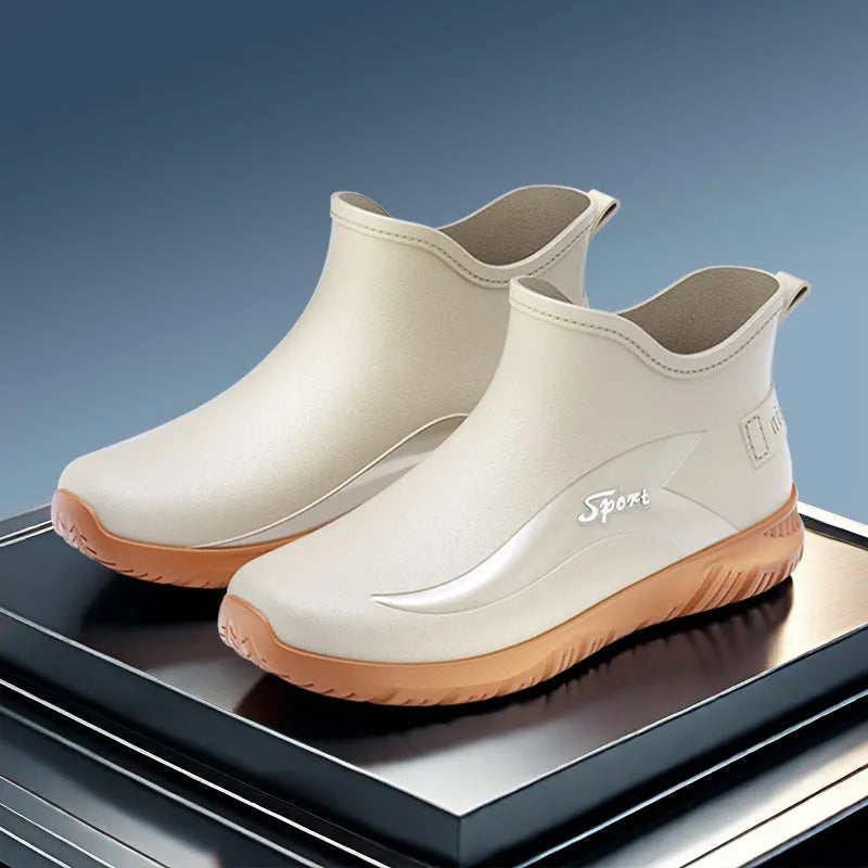 Men's non-slip flat short rubber boots in PVC material showing beige and black colour options