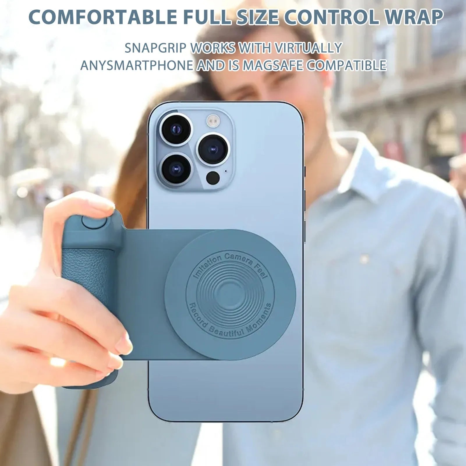 Black magnetic camera grip phone holder with wireless charging and PU leather handle on wooden surface