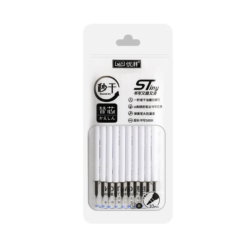 Pack of 10 quick-drying push bullet pen refills in black, red, blue, and ink blue colours.