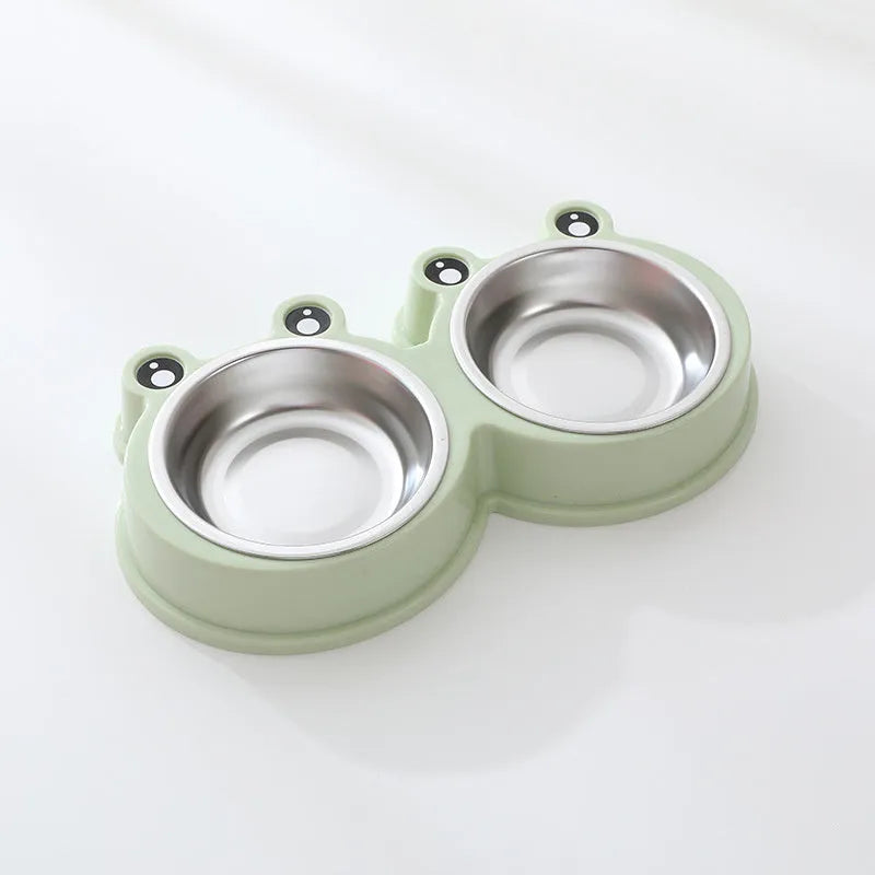Stainless steel pet double bowl with frog water reservoir in blue, green or pink colours