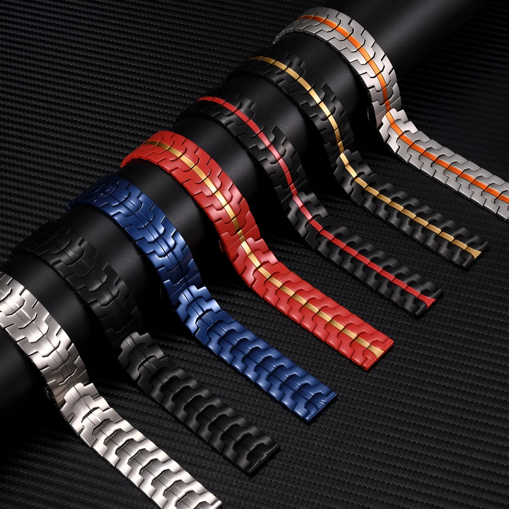Stainless steel watch band for Samsung Galaxy Watch showing silver and black colour options with universal lug connectors