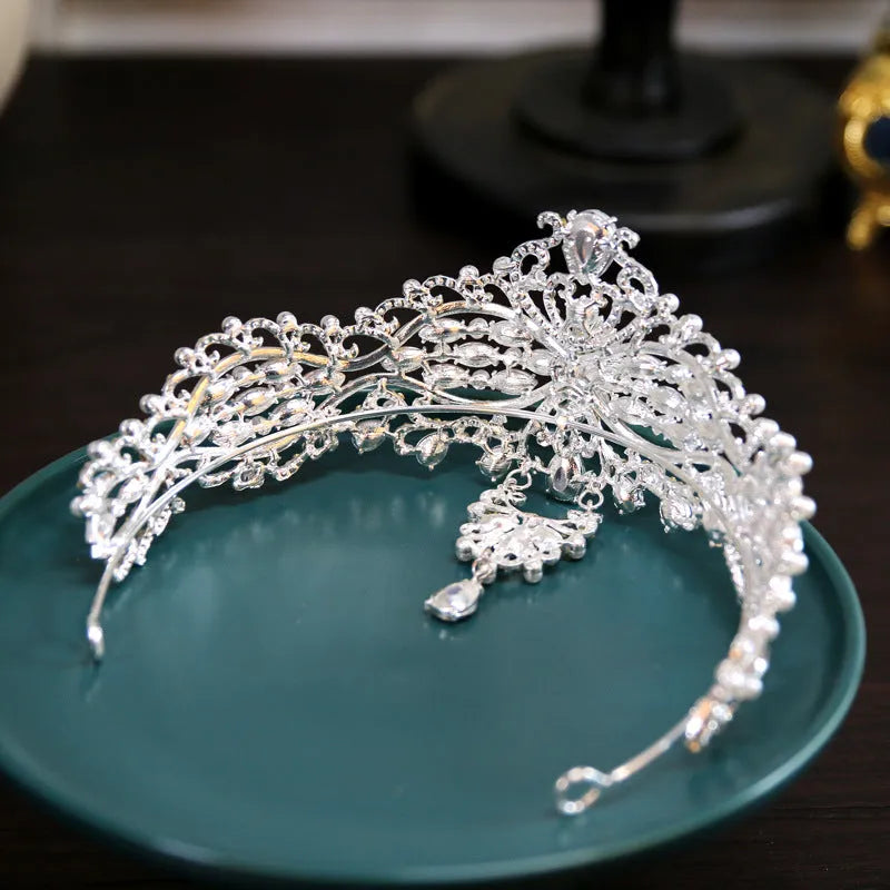 Baroque bride crown headwear silver alloy with electroplated finish dotted pearl and quota decoration 15cm diameter 7.5cm height