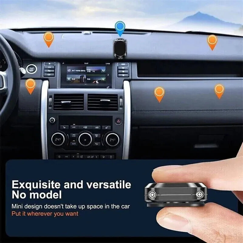Chrome folding magnetic car phone holder mounted on a dashboard, shown in both extended and compact folded positions.