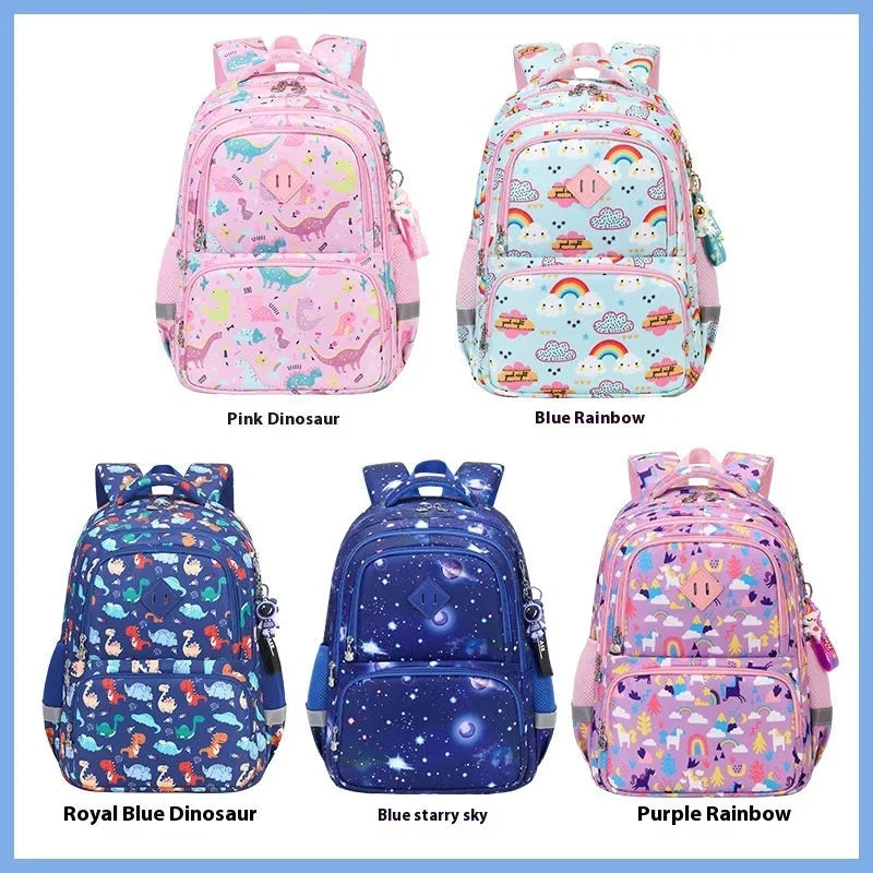 Blue children's waterproof school backpack with dinosaur pattern and curved shoulder straps on a white background.