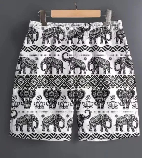 Men's casual polyester shorts in camouflage print, laid flat to show size and pattern.