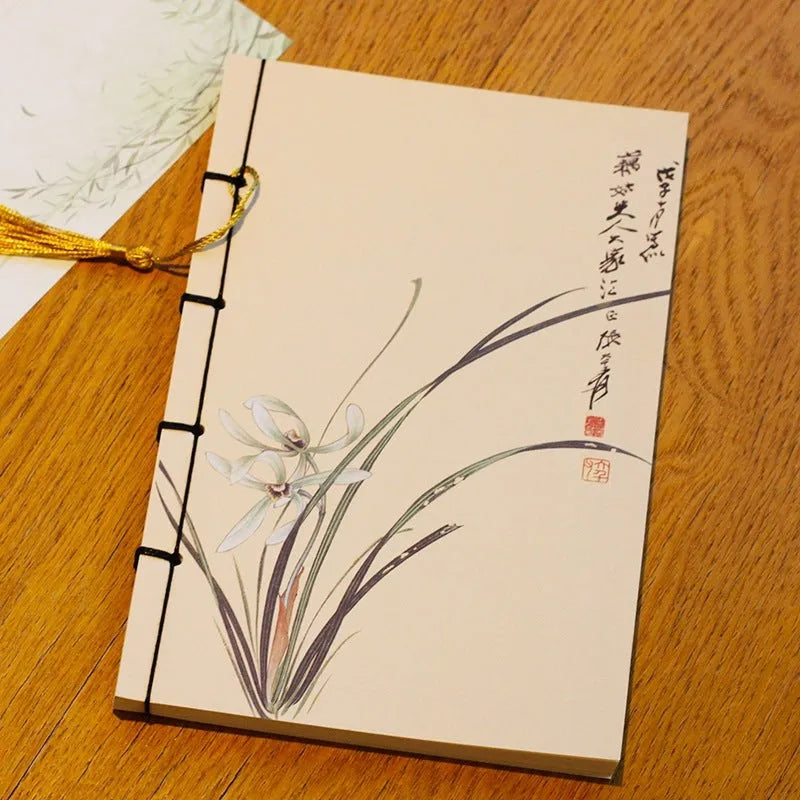 A5 antique wire-bound notebook with retro painting design on white cowhide cover